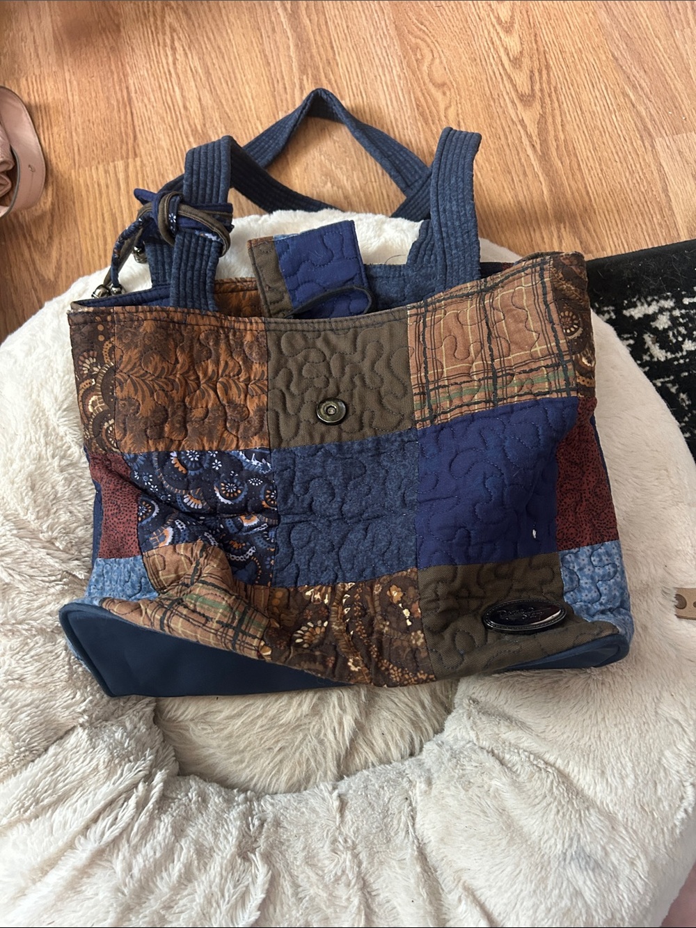 Quilted Patchwork Tote Bag in Blue and Brown